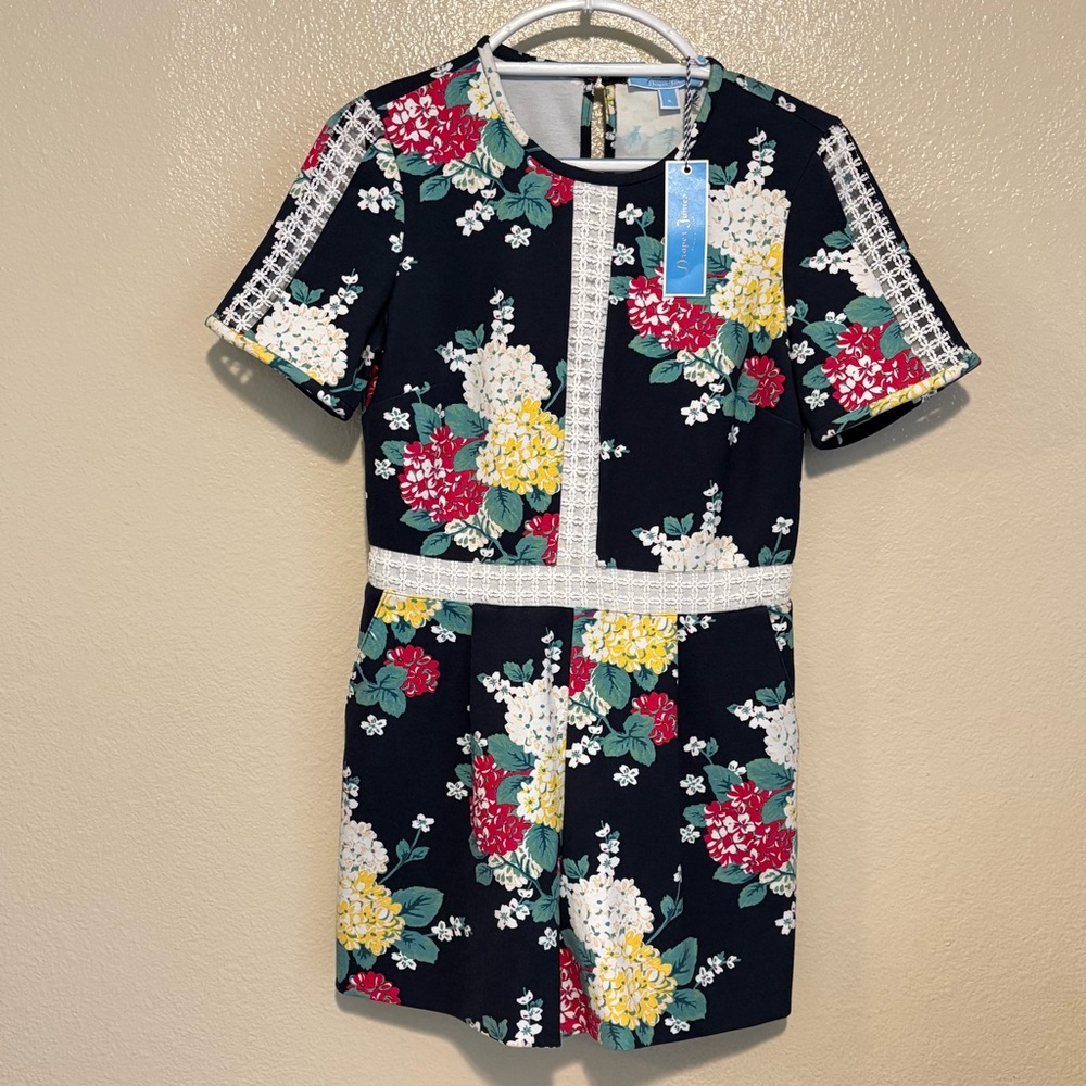 NWT Draper James Romper Navy  Hydrangea Print Lace Trim Short Sleeve Spring Sz 6